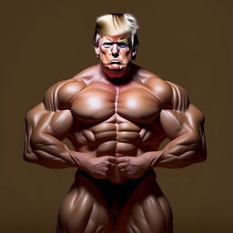 An artistic and humorous portrayal of Donald Trump in the guise of a professional bodybuilder, exaggerating his muscular physique while maintaining his recognizable facial features and trademark hair.