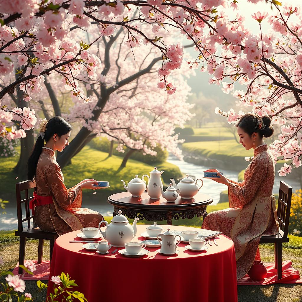 A serene and tranquil depiction of traditional Hu Dong Qing, showcasing an elegant tea ceremony in a lush garden setting