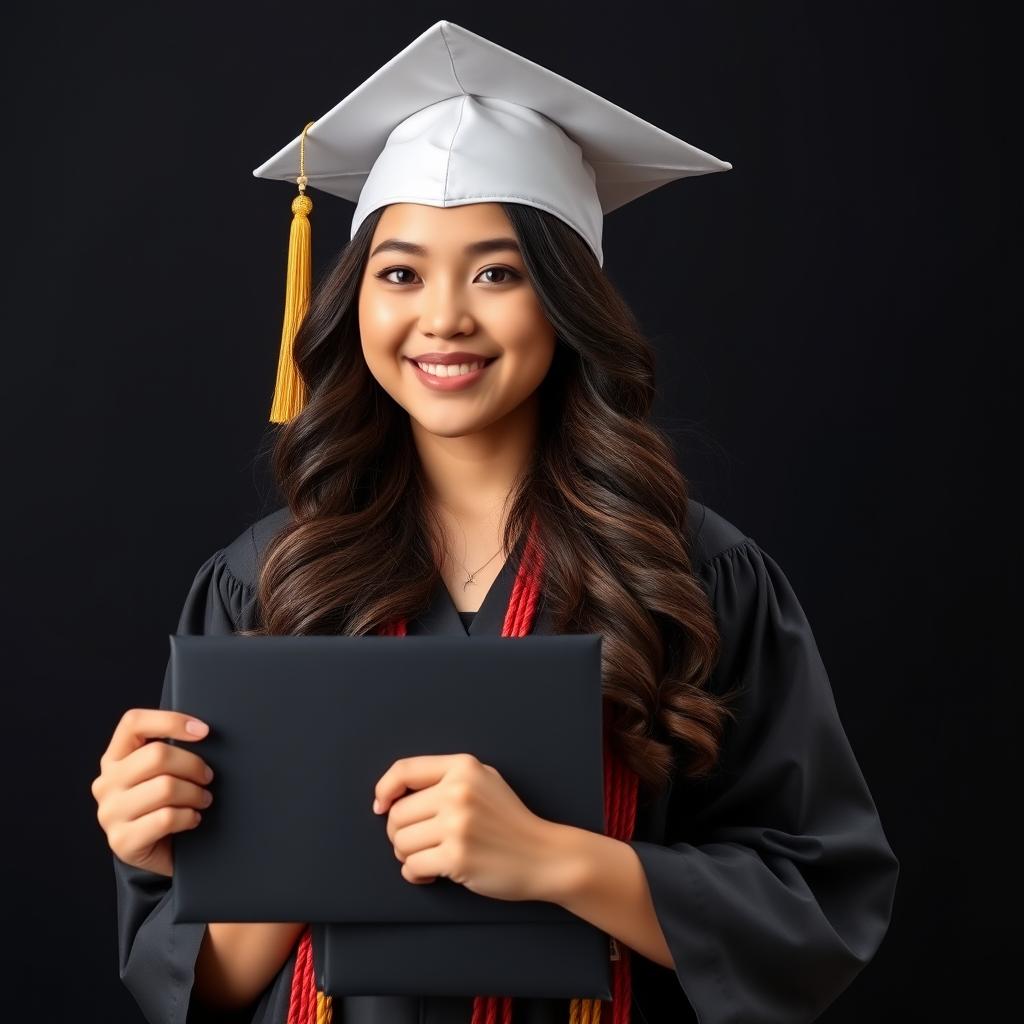 A junior high school graduation photo featuring a 16-year-old curvy Asian girl with beautiful wavy hair, set against a sleek black background
