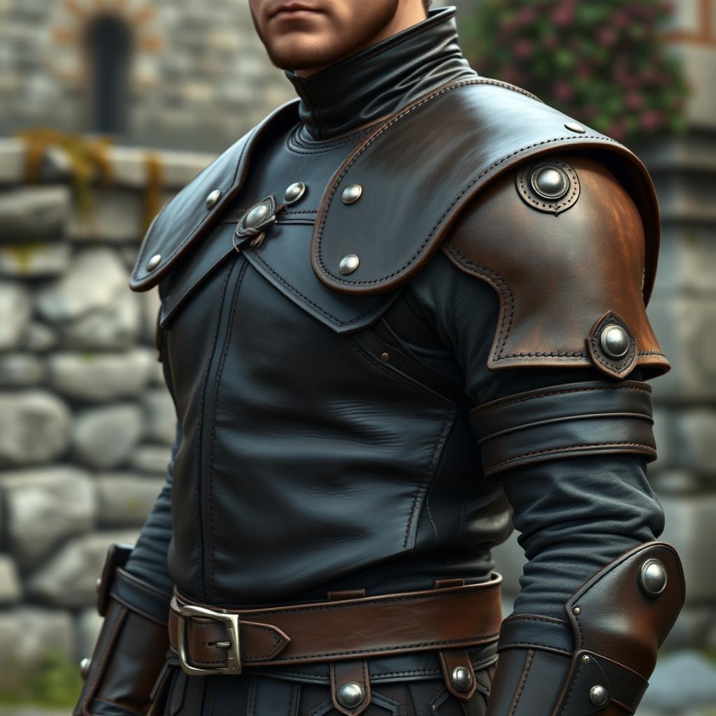 A detailed depiction of a character wearing asymmetrical leather armor that fits snugly on their body, highlighting intricate stitching and unique design elements