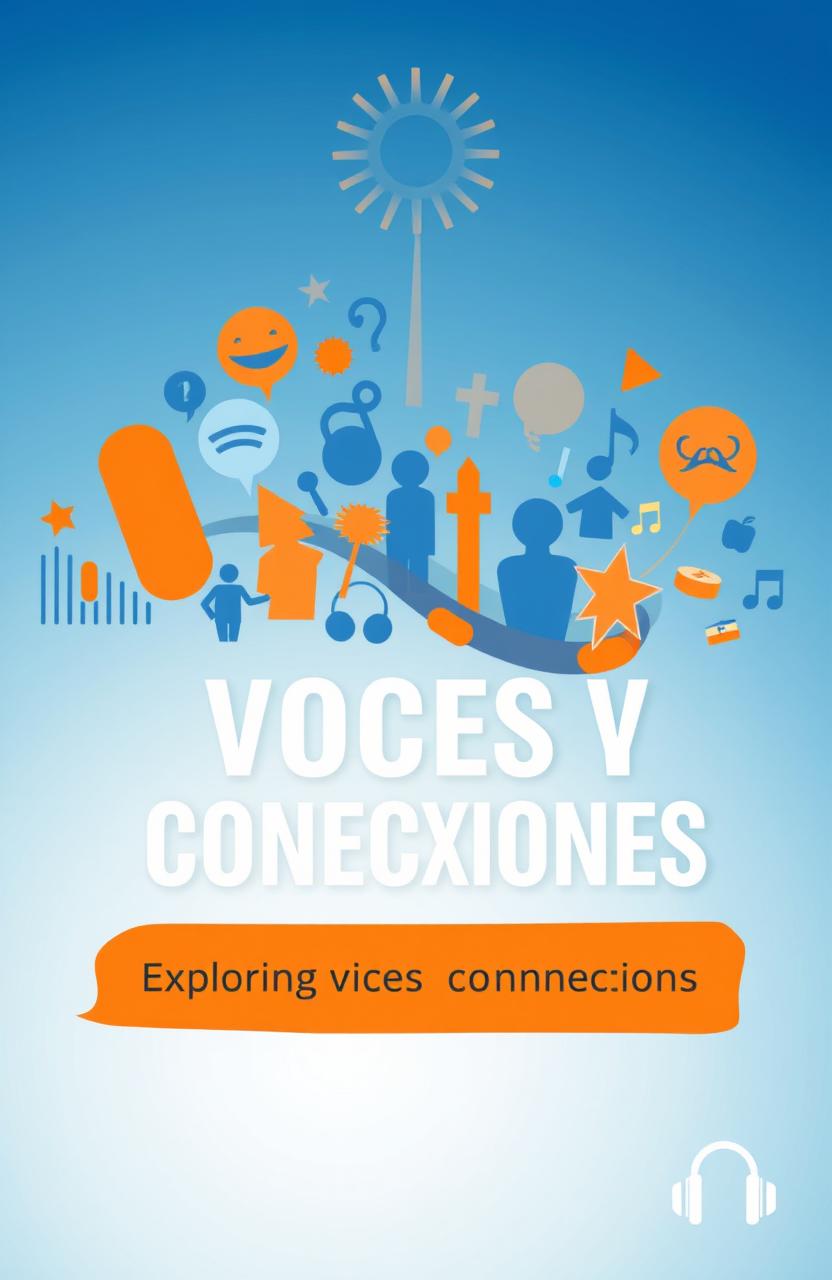 A captivating podcast cover for "Voces y Conexiones" featuring a dynamic design that symbolizes connection and communication