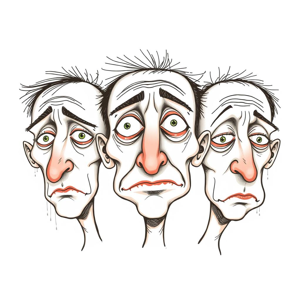 Three faces expressing difficult-to-recognize emotions, with exaggerated and disproportionate facial features