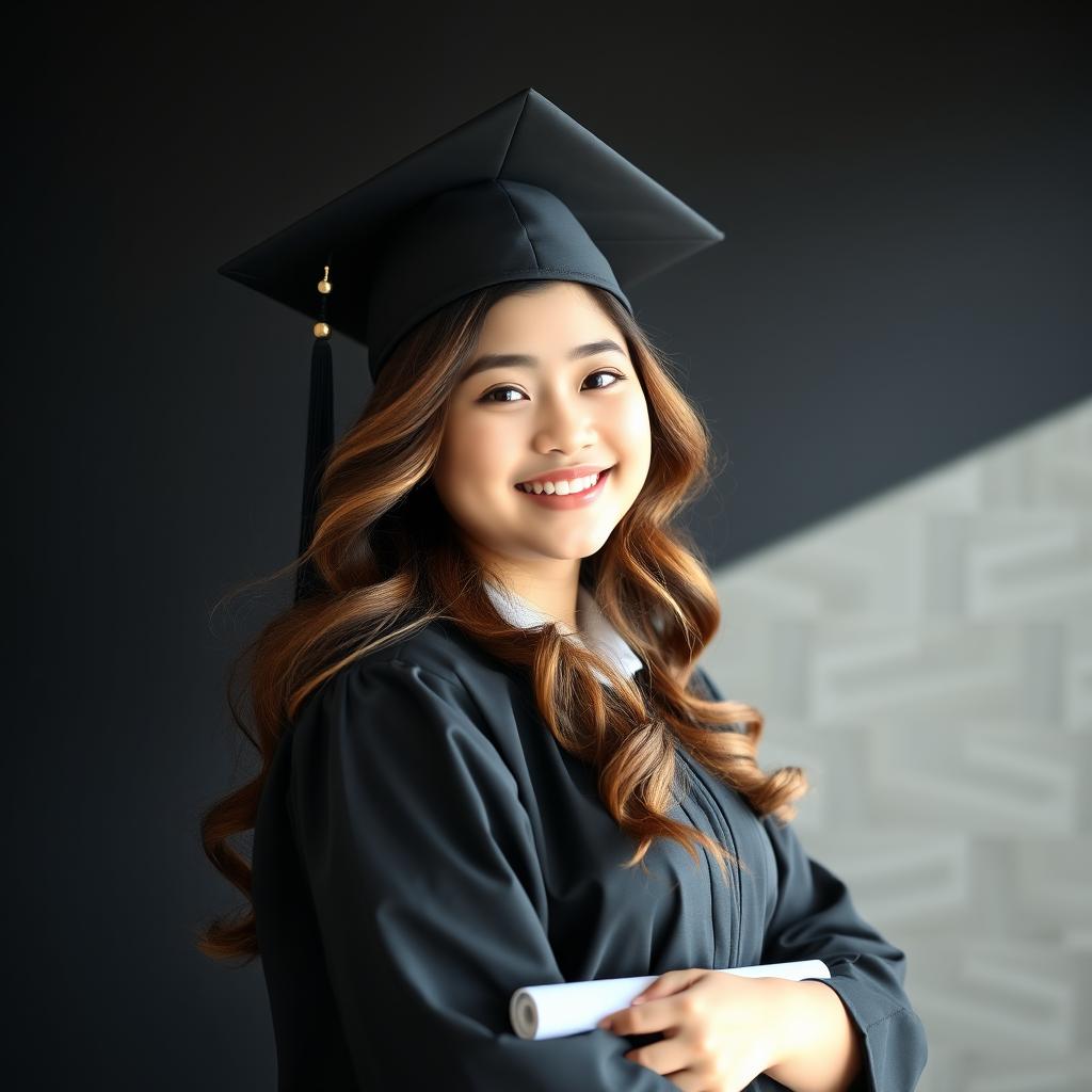 A junior high school graduation photo featuring a 16-year-old curvy Asian girl with beautiful wavy hair, standing confidently against a sleek black background