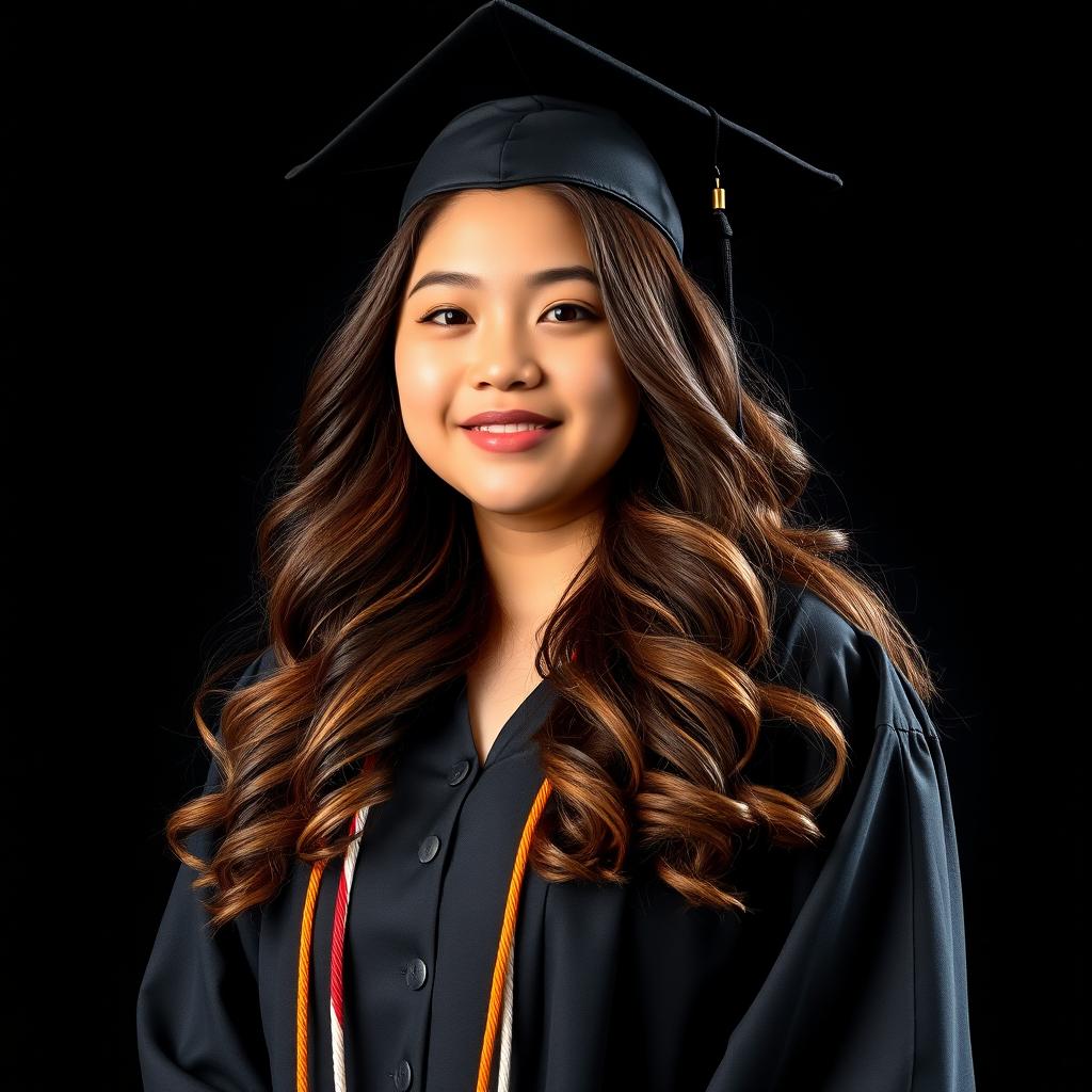 A junior high school graduation photo featuring a 16-year-old curvy Asian girl with beautiful wavy hair, set against a sleek black background