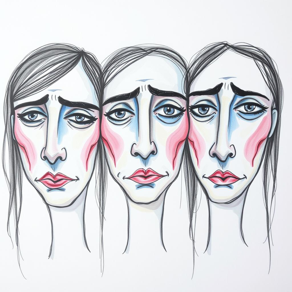 A drawing featuring three abstract faces, partially blurred, with difficult-to-read emotions