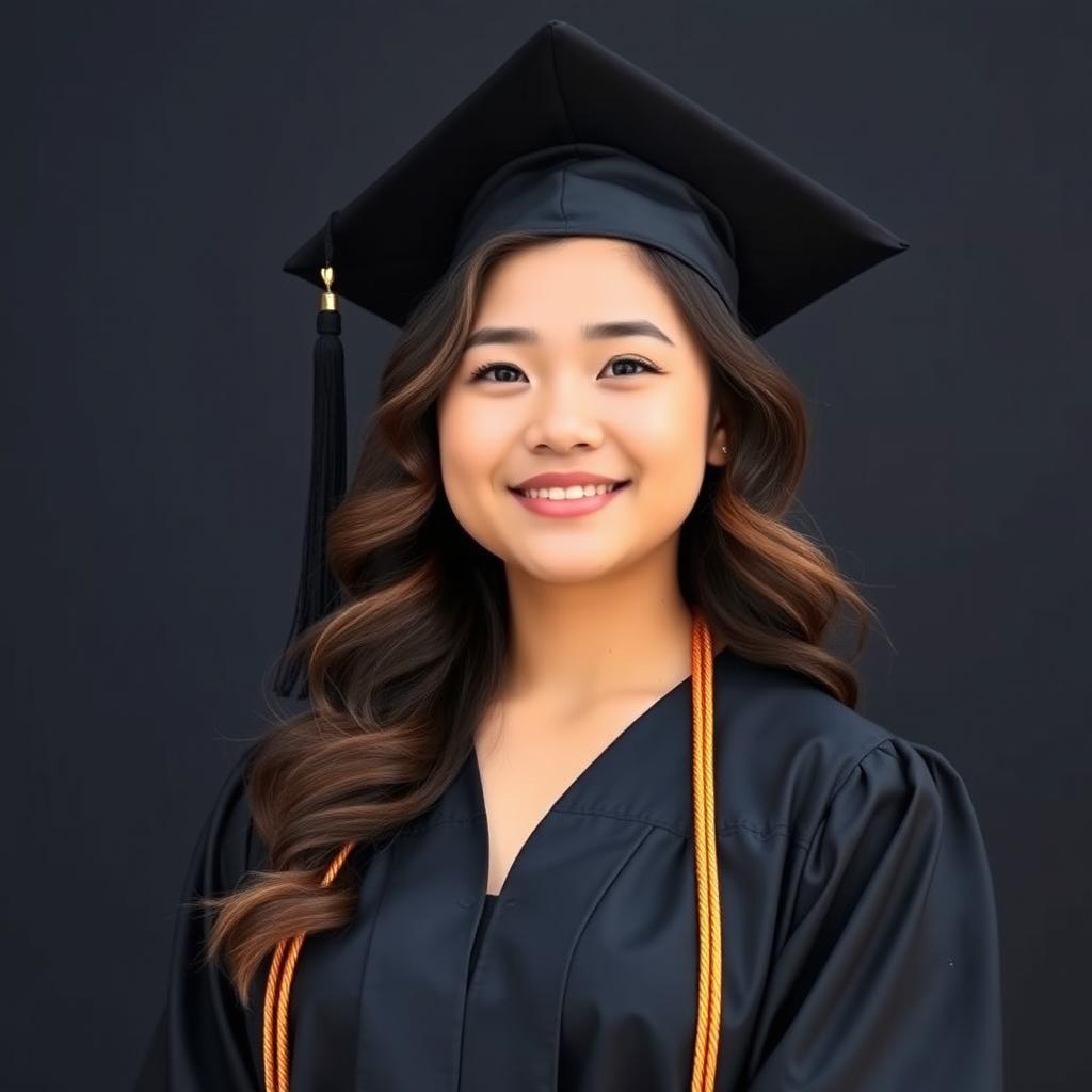 A junior high school graduation photo featuring a 16-year-old curvy Asian girl with beautiful wavy hair, set against a sleek black background