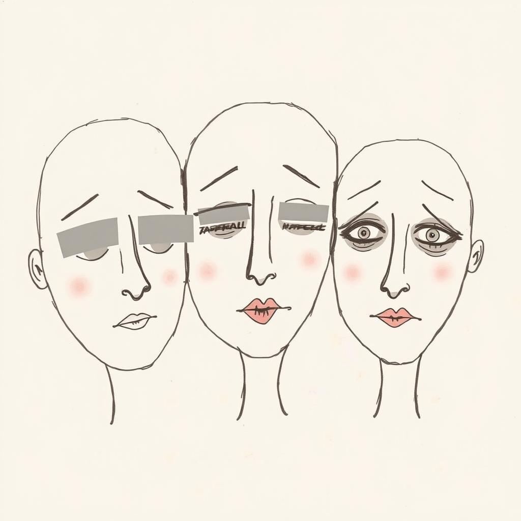An abstract drawing featuring three faces with partially blurred and difficult-to-read emotions