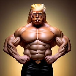 An artistic and humorous portrayal of Donald Trump in the guise of a professional bodybuilder, exaggerating his muscular physique while maintaining his recognizable facial features and trademark hair.