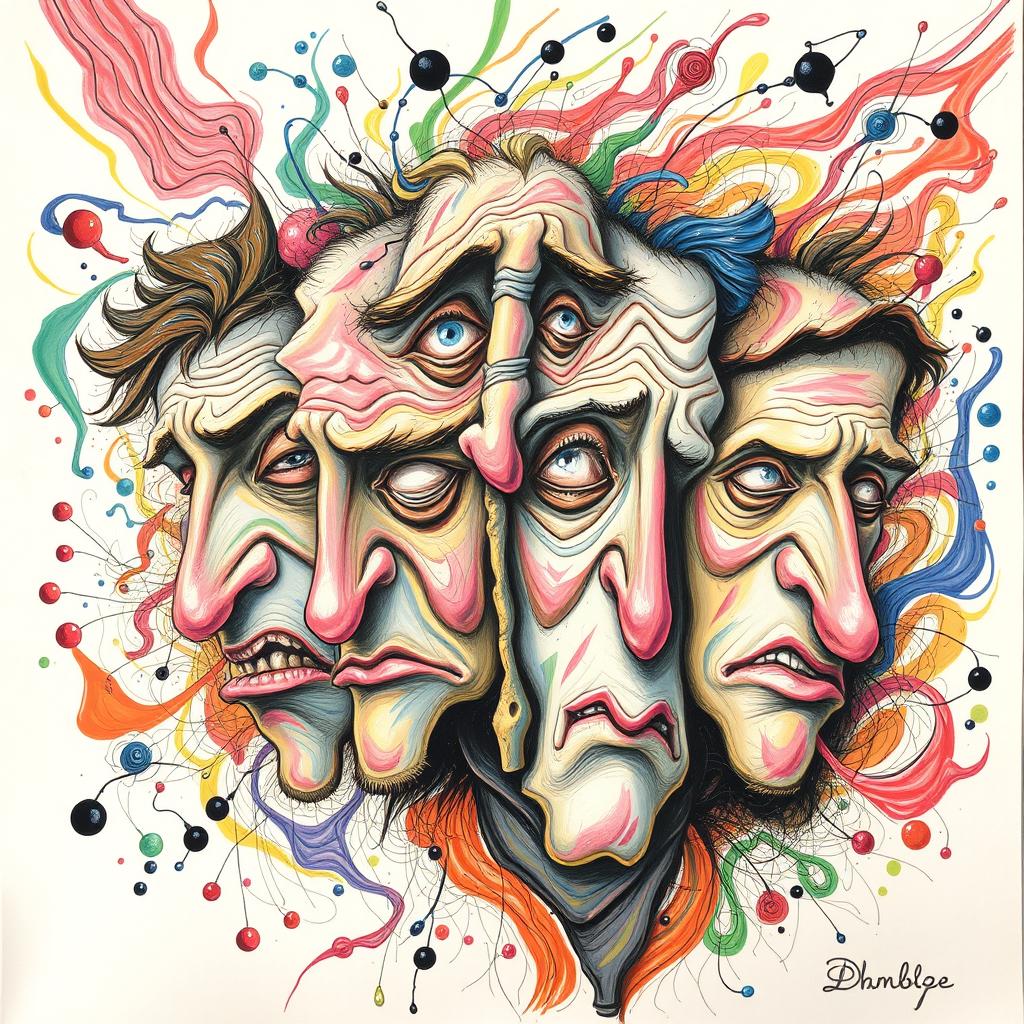 An abstract drawing featuring disproportionate faces immersed in chaos, with swirling colors and forms creating a sense of movement and distortion