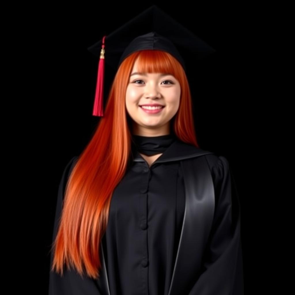 A junior high school graduation photo featuring a 16-year-old curvy Asian girl with straight red hair, set against a sleek black background