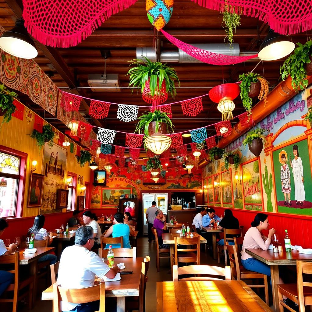 A vibrant and colorful Mexican restaurant filled with traditional decorations and lively ambiance