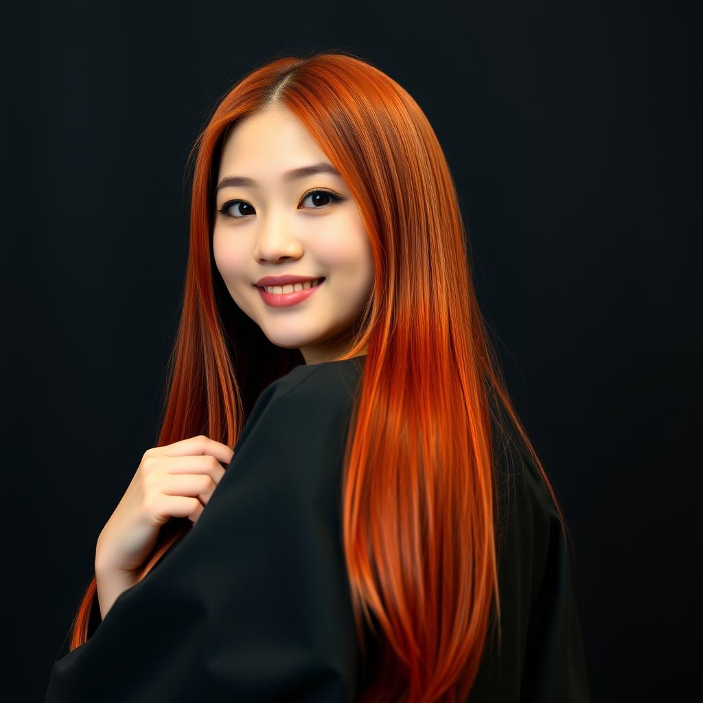 A junior high school graduation photo featuring a 16-year-old curvy Asian girl with straight red hair cascading down her back, set against a sleek black background