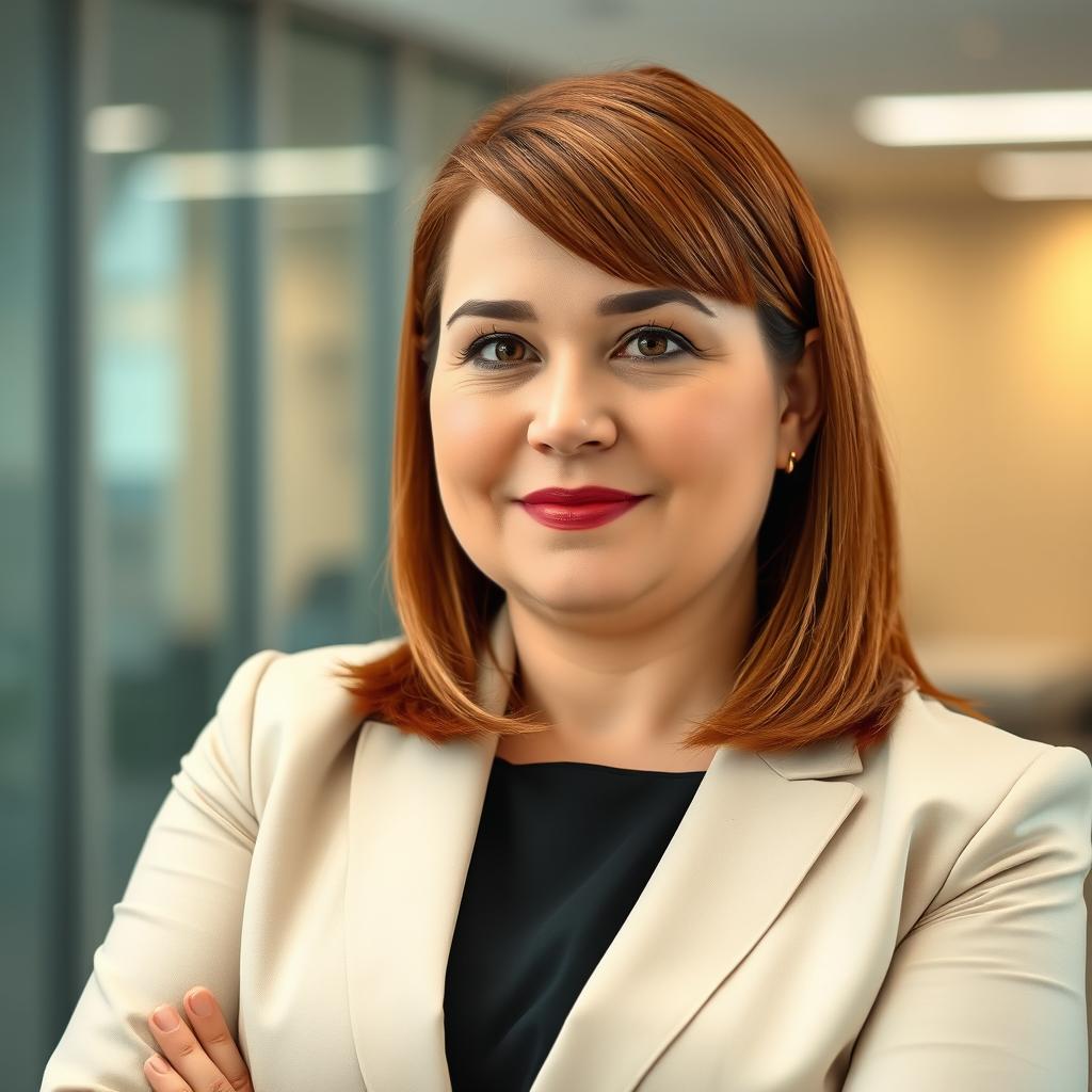 A professional mid-age woman with light brown auburn straightened hair styled above her shoulders, flat and without side bangs