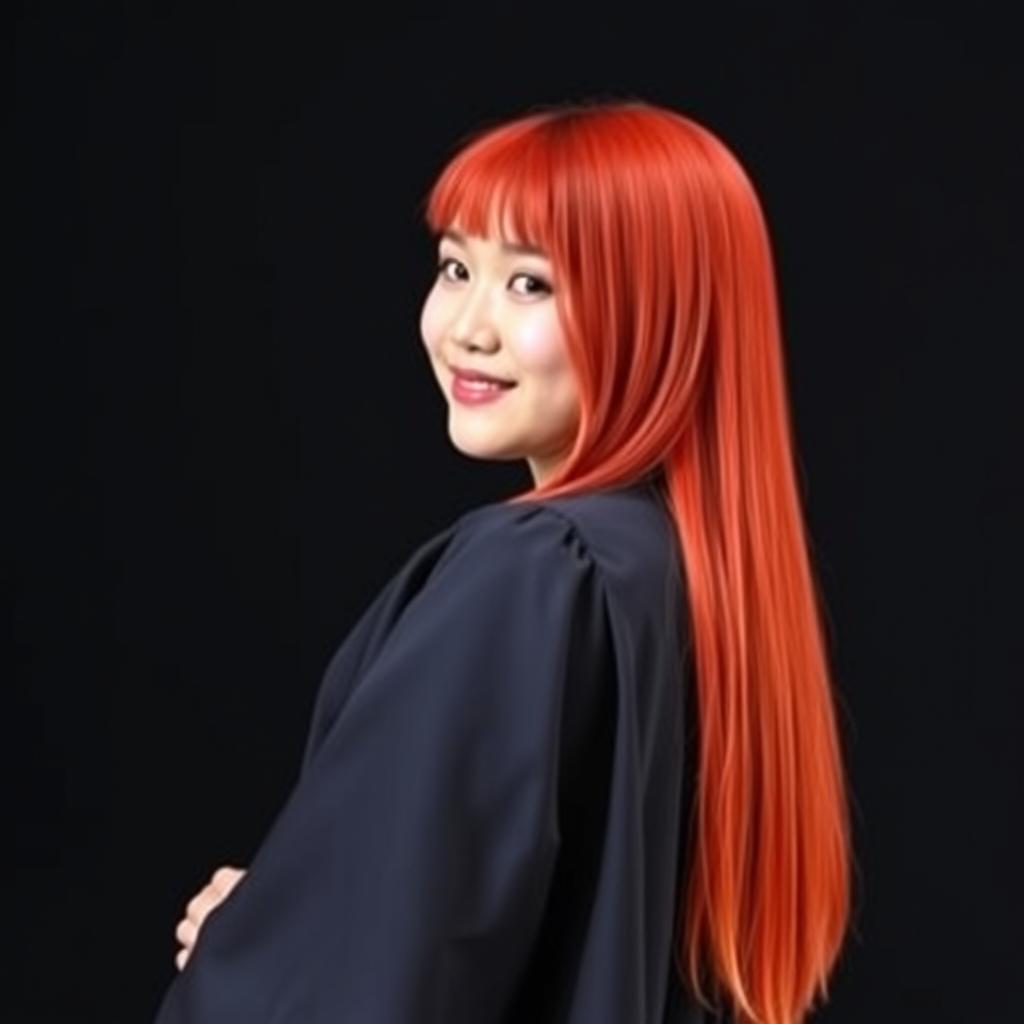 A junior high school graduation photo featuring a 16-year-old curvy Asian girl with straight red hair, elegantly styled and falling gracefully down her back