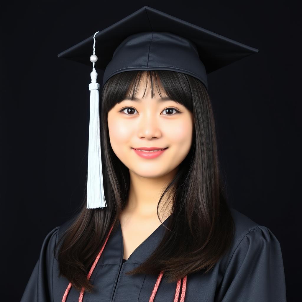 A junior high school graduation photo featuring a 16-year-old curvy Asian girl with straight, slightly wavy black hair, beautifully styled and framing her face