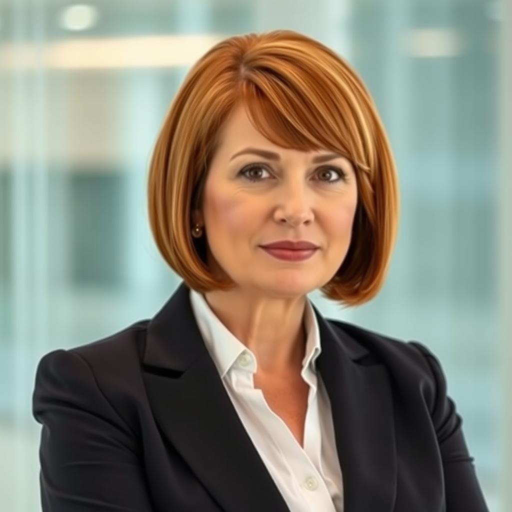 A professional mid-age woman with light brown auburn straightened hair styled above her shoulders, flattened and without side bangs