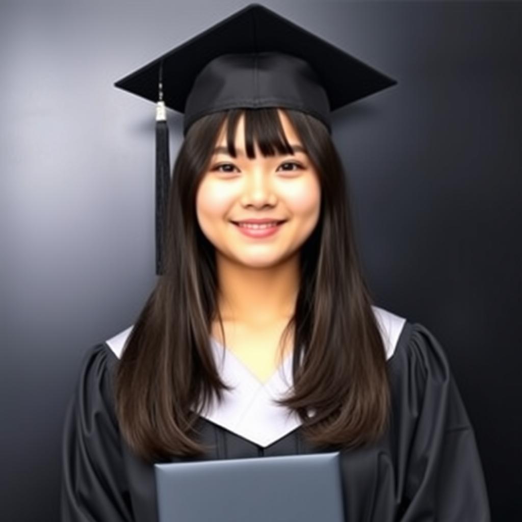 A junior high school graduation photo featuring a 16-year-old curvy Asian girl with straight, slightly wavy black hair that elegantly frames her face, falling softly around her shoulders