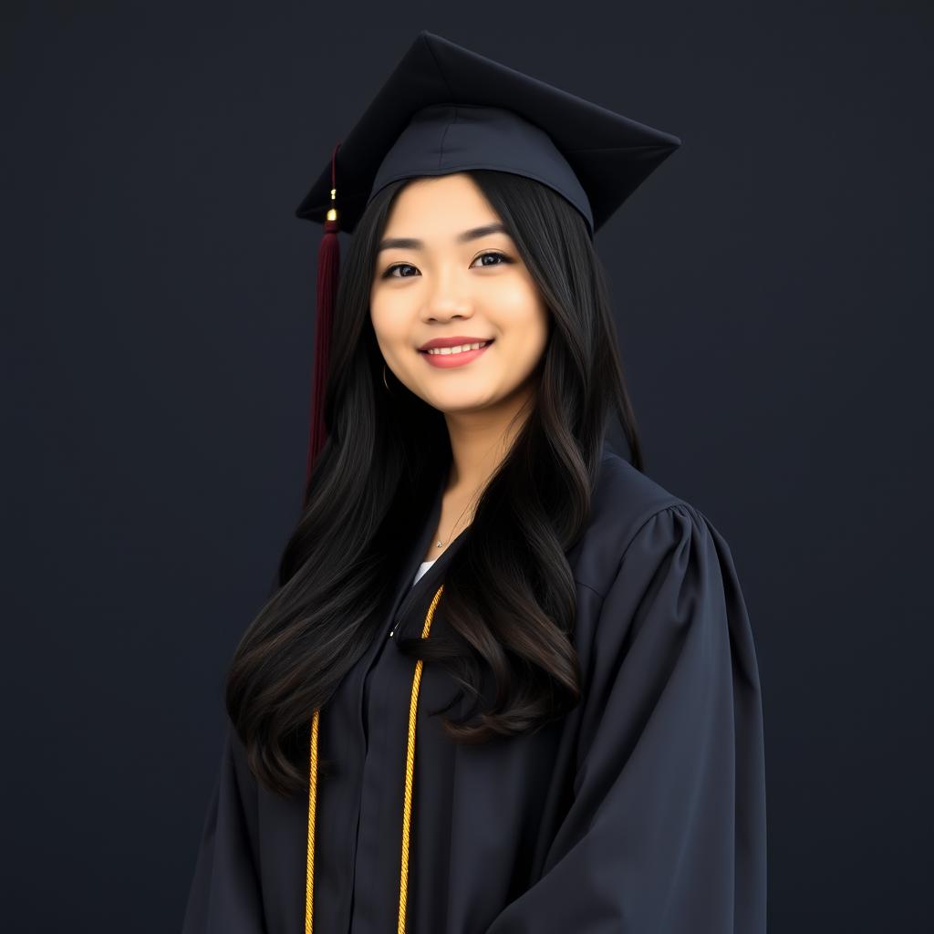 A junior high school graduation photo featuring a 16-year-old curvy Asian girl with straight, slightly wavy black hair that cascades elegantly around her shoulders