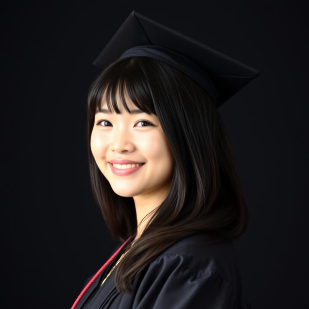 A junior high school graduation photo capturing a 16-year-old curvy Asian girl with straight, slightly wavy black hair that gracefully frames her face
