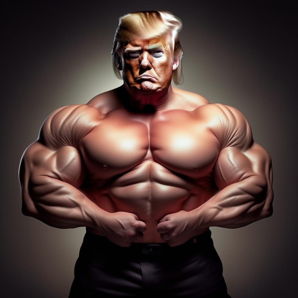 An artistic and humorous portrayal of Donald Trump in the guise of a professional bodybuilder, exaggerating his muscular physique while maintaining his recognizable facial features and trademark hair.