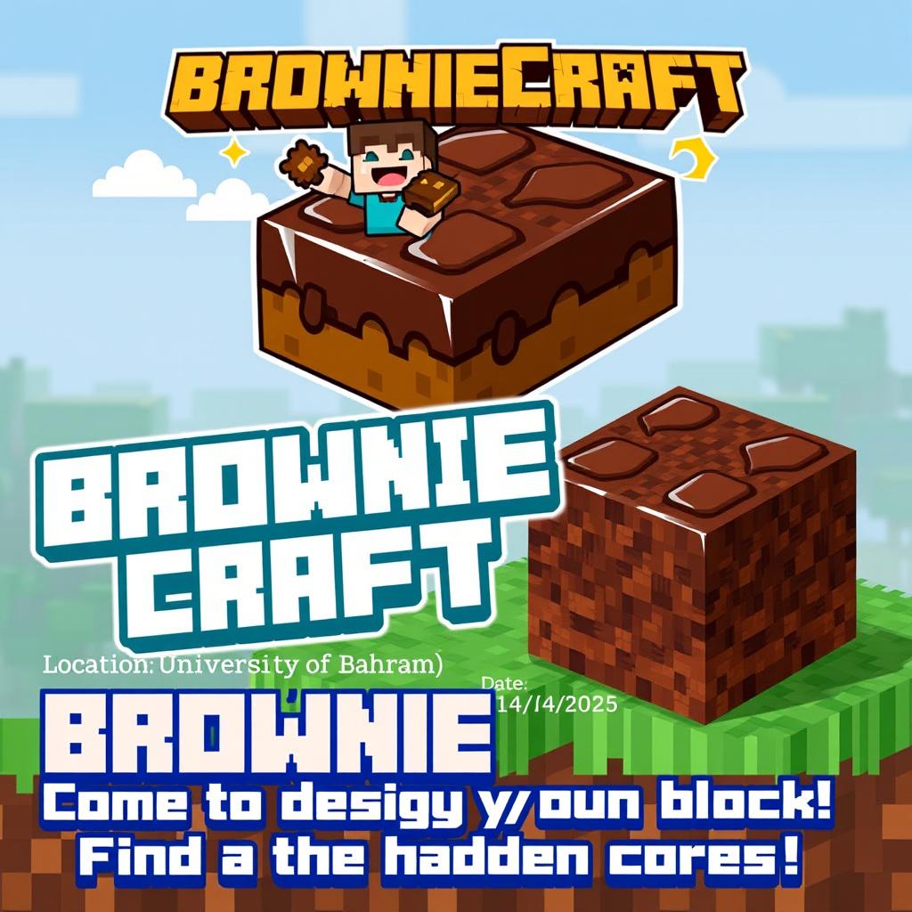 A vibrant Minecraft-themed advertisement for 'BrownieCraft', featuring a stylized chocolate brownie block with a shiny glaze, bright colors, and whimsical cloud elements above