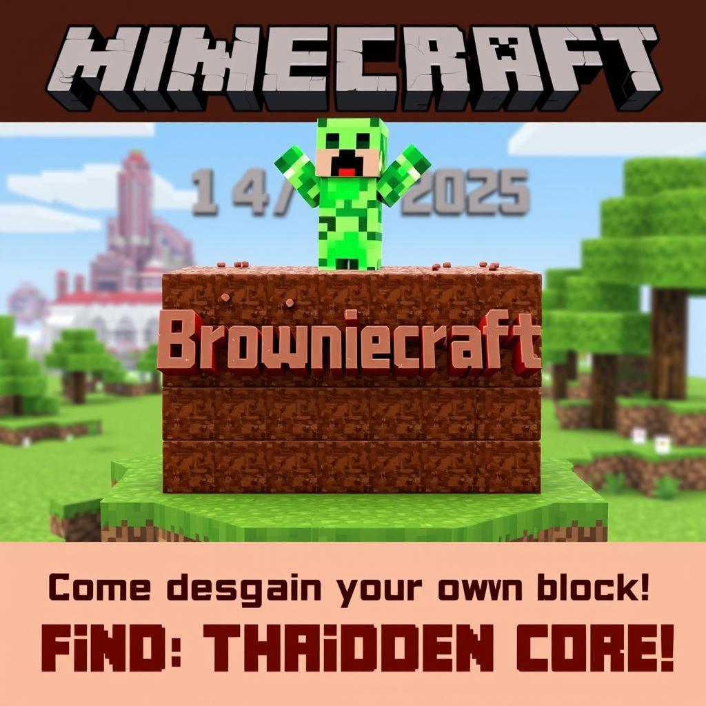 A vibrant and eye-catching Minecraft advertisement for 'Browniecraft', featuring the brand name prominently displayed in a blocky, pixelated style
