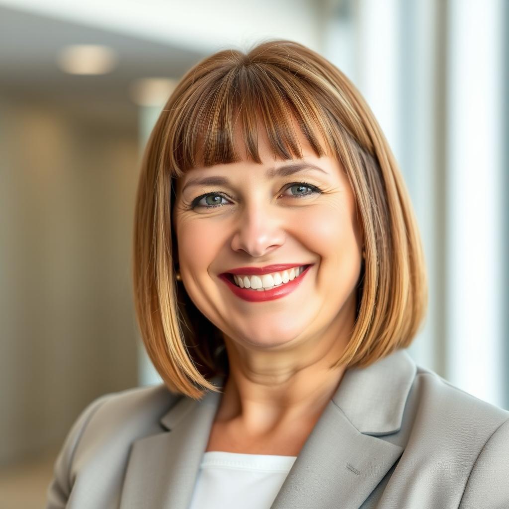 A professional mid-age woman with light brown straightened hair styled flat and without side bangs