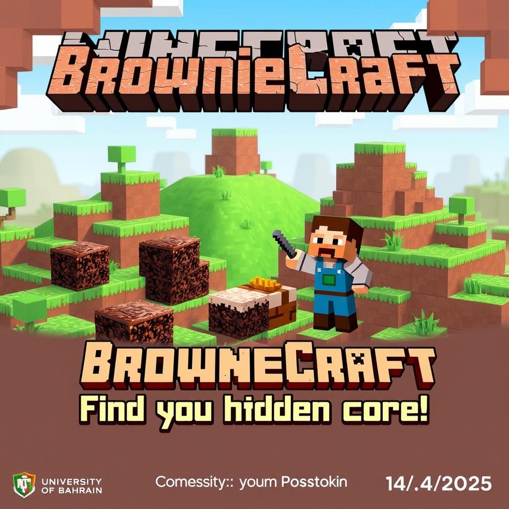 A vibrant and colorful Minecraft-style advertisement for 'BrownieCraft', featuring a delicious assortment of brownies creatively designed with pixel art