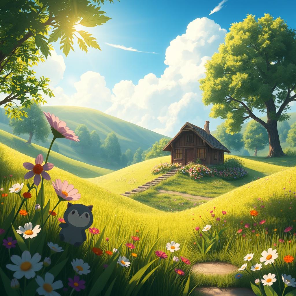 A vibrant and enchanting scene inspired by Studio Ghibli, showcasing a whimsical landscape filled with lush green hills and a magical forest