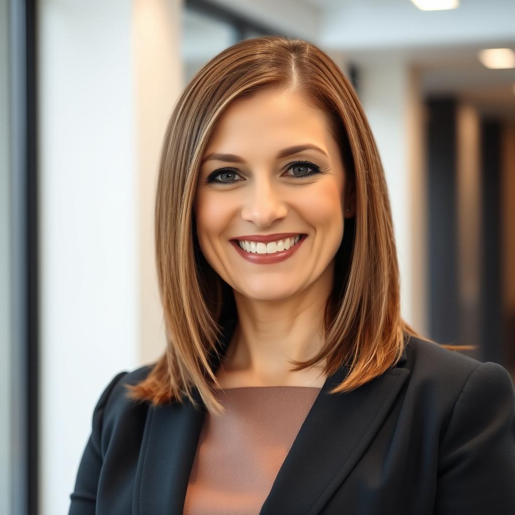 A professional mid-age woman with light brown straightened hair styled flat and without bangs