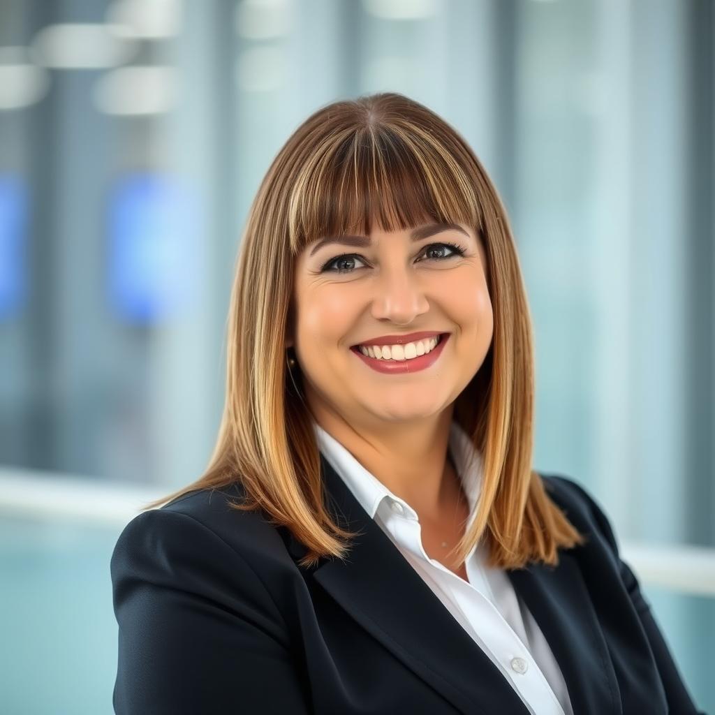A professional mid-age woman with light brown straightened hair that falls below her shoulders, styled flat and without bangs