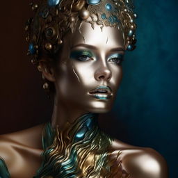 A front view portrait of a woman, with metallic skin melting into a patinated background. Her head is adorned with modern abstract jewellery and significant metallic makeup. Intricate details in shades of blue, green, and beige are captured.