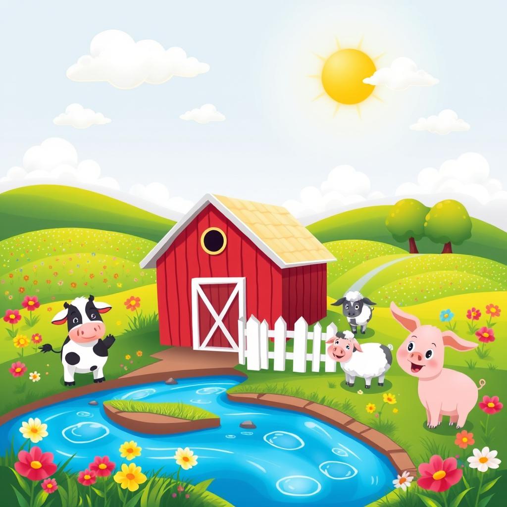A whimsical cartoon illustration of a serene landscape, featuring a vibrant meadow filled with colorful flowers, fluffy white clouds, and a sparkling blue river