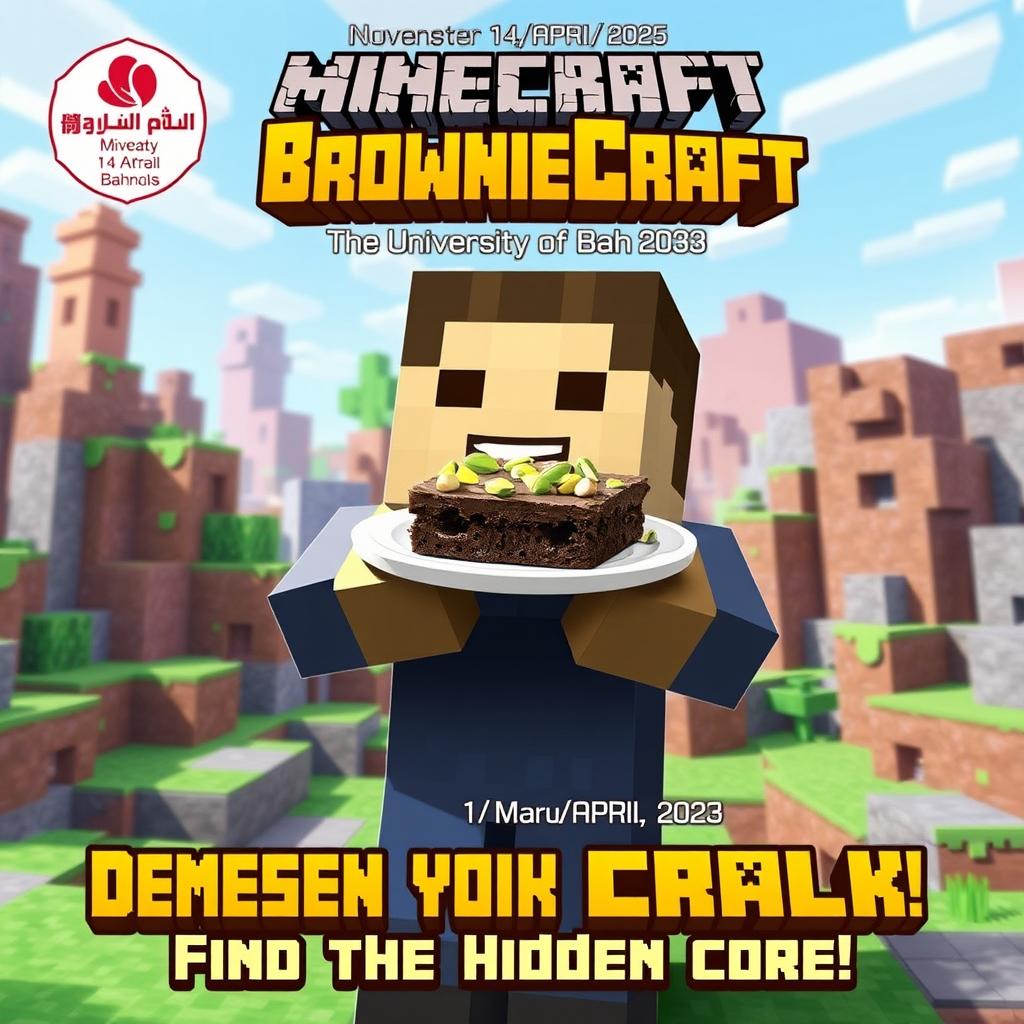 A Minecraft-themed advertisement featuring a blocky Minecraft character joyfully holding a plate of brownies topped with pistachio nuts