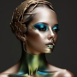 A front view portrait of a woman, with metallic skin melting into a patinated background. Her head is adorned with modern abstract jewellery and significant metallic makeup. Intricate details in shades of blue, green, and beige are captured.