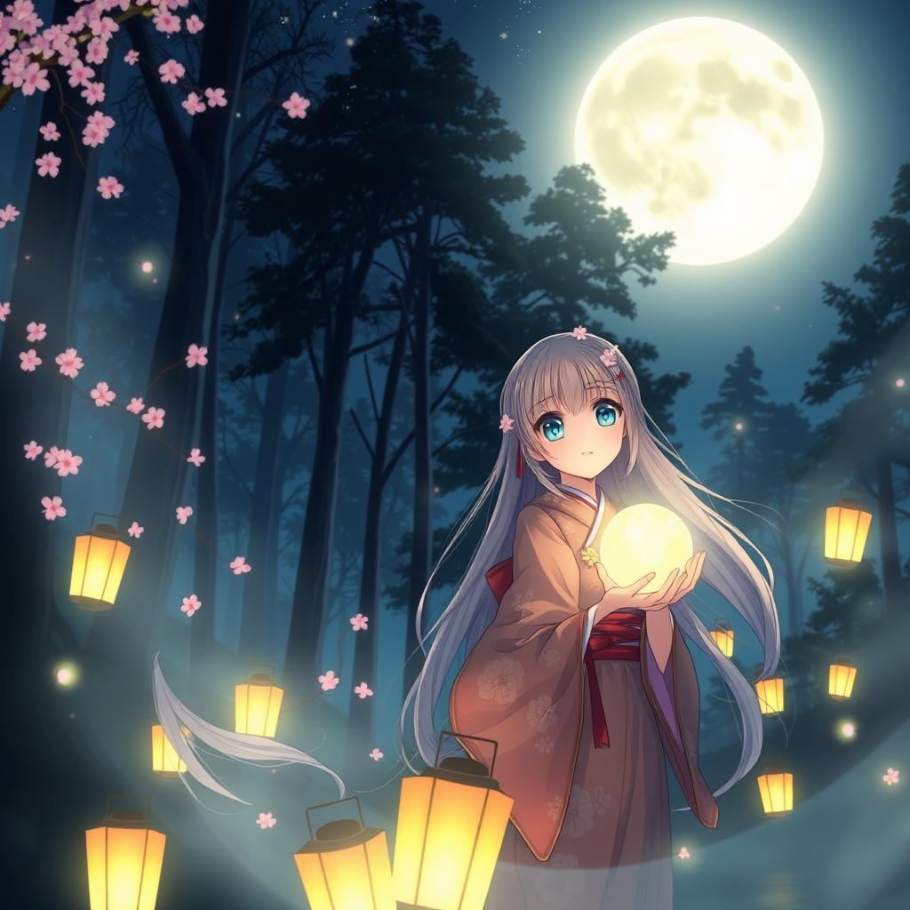 A captivating anime scene featuring a serene, mystical forest setting bathed in soft moonlight