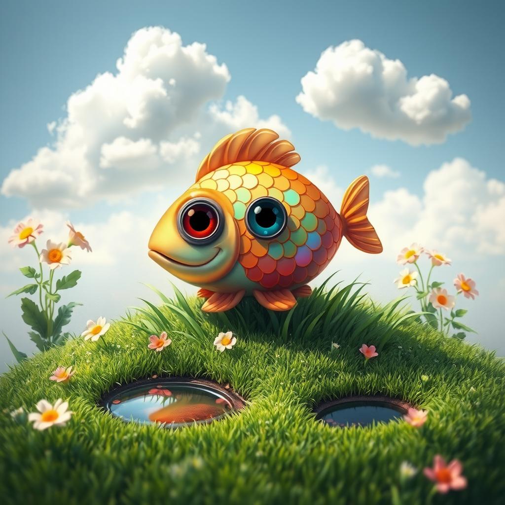 A whimsical scene depicting a fish living on land, showcasing vibrant, colorful scales reflecting the sunlight