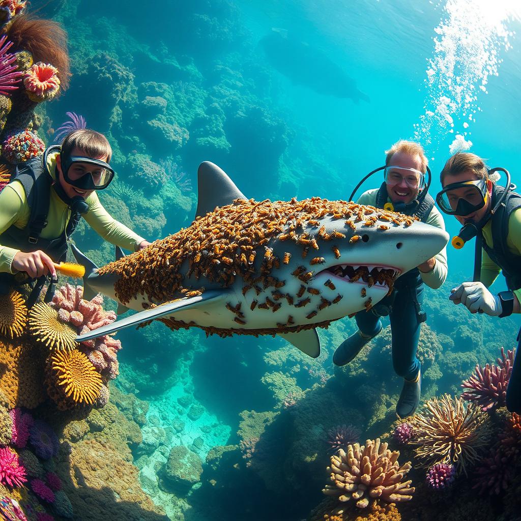 A whimsical scene featuring a shark covered in colorful bees