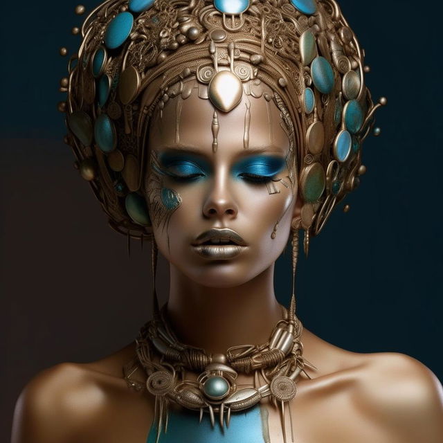 A front view portrait of a woman, with metallic skin melting into a patinated background. Her head is adorned with modern abstract jewellery and significant metallic makeup. Intricate details in shades of blue, green, and beige are captured.