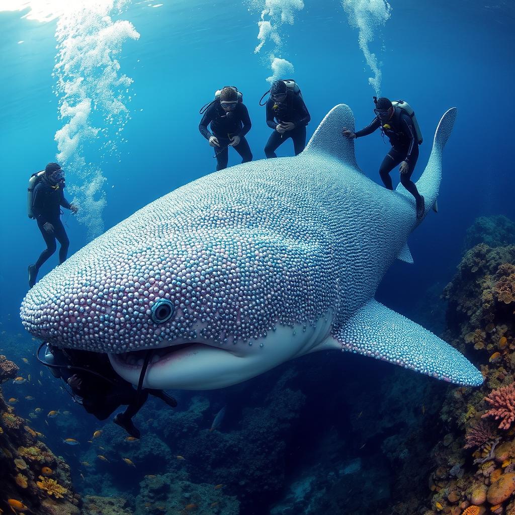 A massive shark covered entirely in beautiful, shimmering beads, glistening under the ocean light