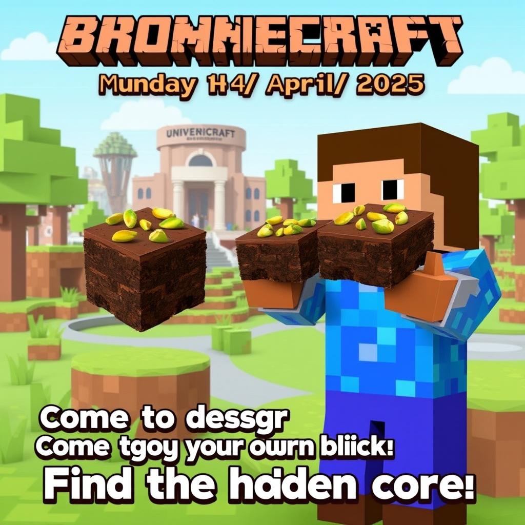 A vibrant advertisement for "Browniecraft" featuring a Minecraft character holding delicious brownies topped with pistachio