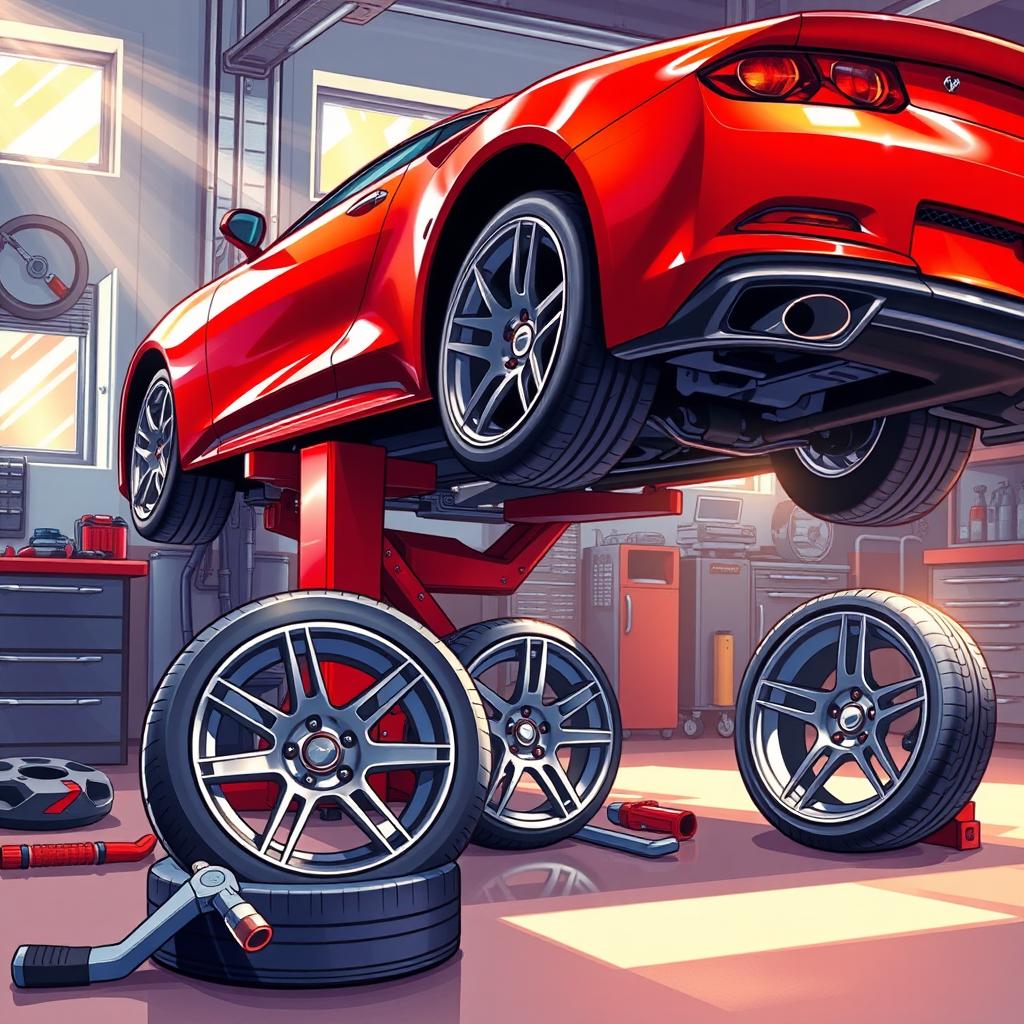 A detailed illustration of a vibrant red sports car with sleek lines and shiny metallic surfaces, showcasing the process of replacing its wheels