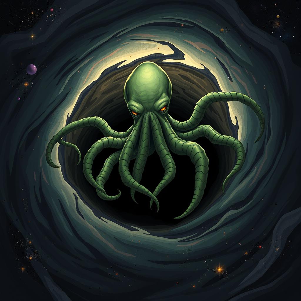 An ominous illustration of Cthulhu emerging from a swirling black hole, surrounded by cosmic particles and stars