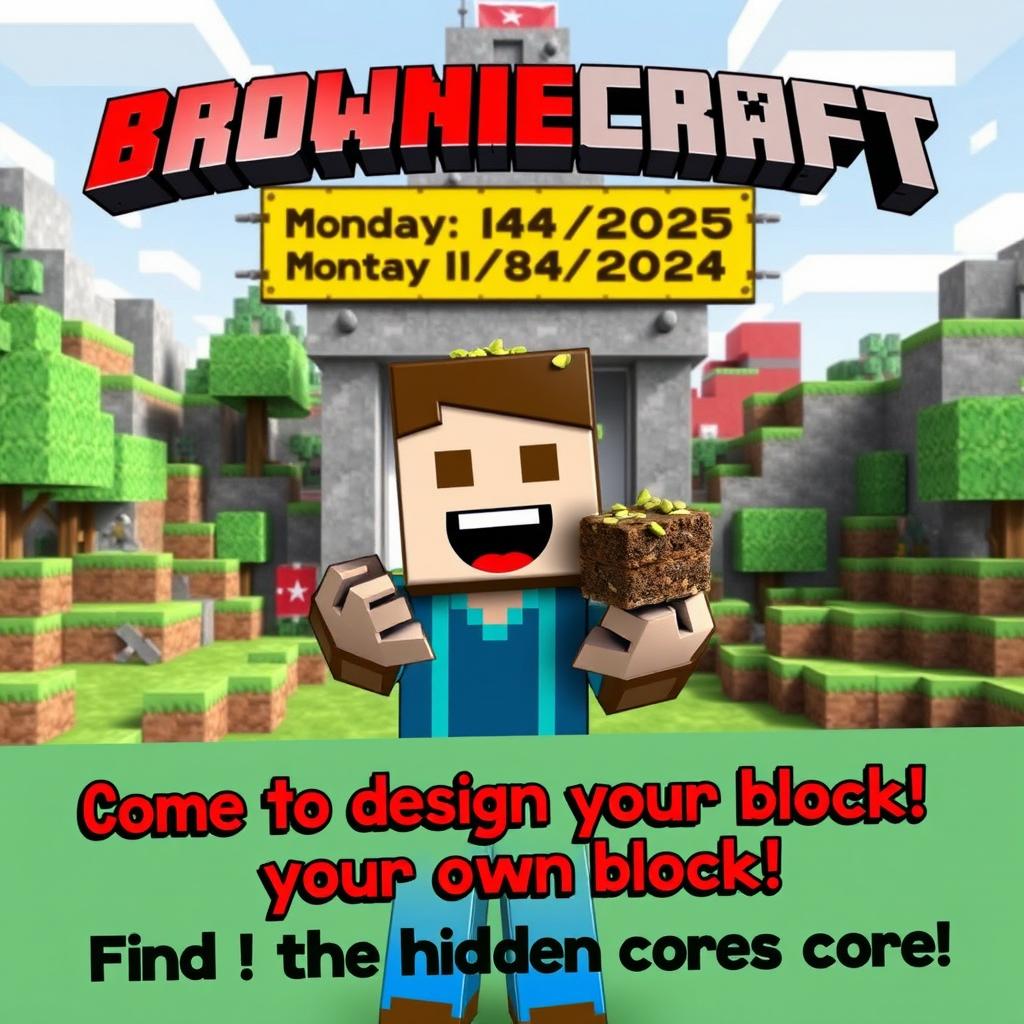 A vibrant advertisement for "BrownieCraft" featuring a Minecraft character joyfully holding a stack of delicious brownies topped with pistachio