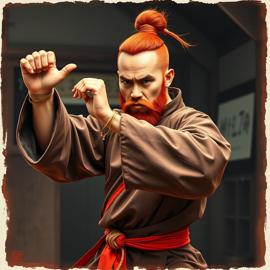 A male warrior monk in a traditional monastic setting, striking a Muay Thai stance with one leg raised in a crane pose