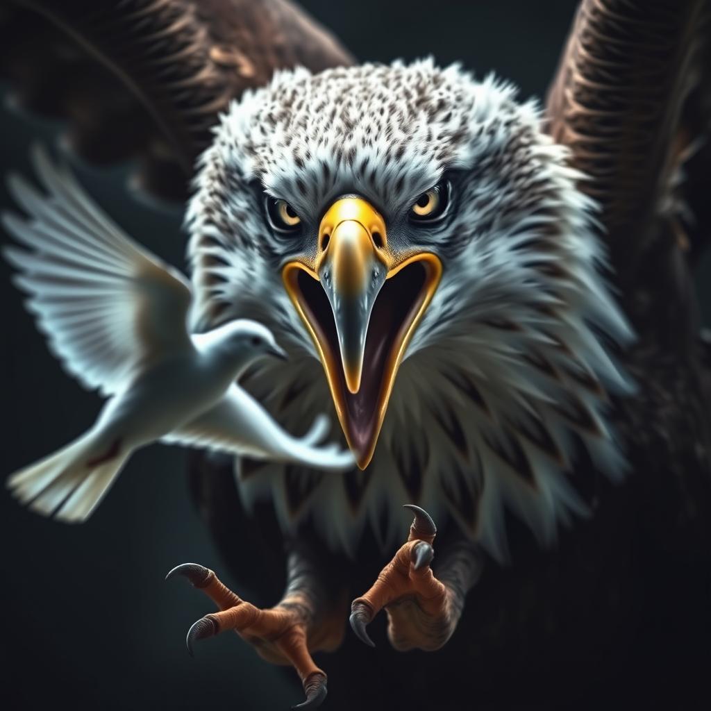 A powerful eagle with piercing, glowing eyes, focused on a dove, showcasing its fierce expression