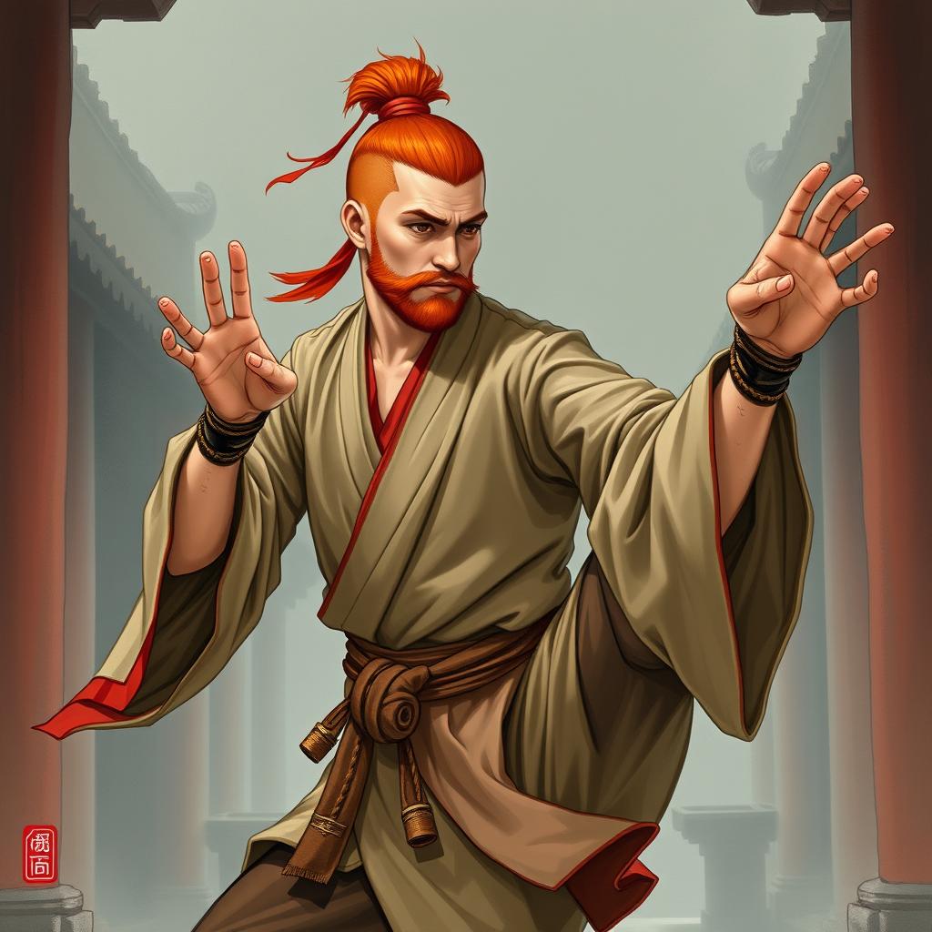 A male warrior monk from Dungeons & Dragons in a traditional monastic environment, captured in a dynamic Muay Thai stance with one leg raised in a crane pose