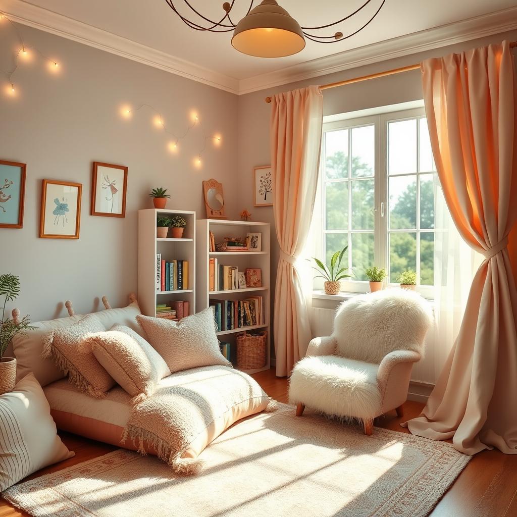 A cozy and charming room filled with soft pastel colors, featuring plush cushions and a delightful patterned rug