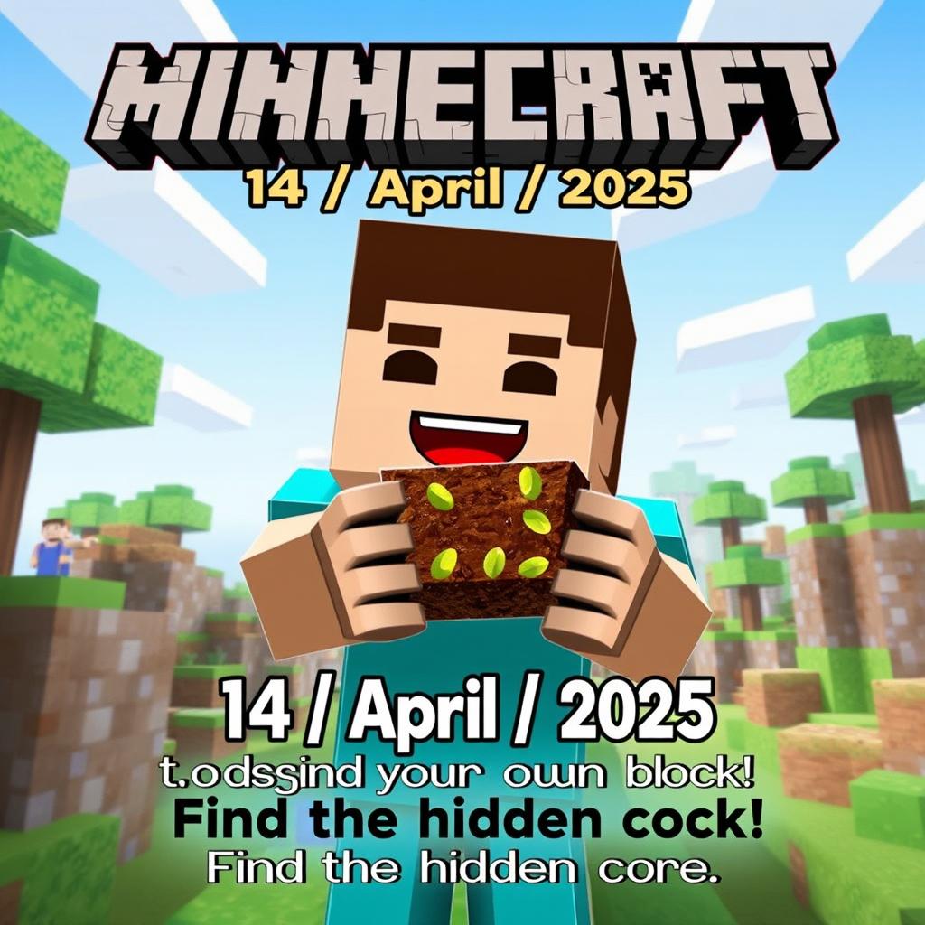 A colorful Minecraft-themed advertisement featuring a Minecraft character joyfully holding a delicious-looking brownie topped with pistachio