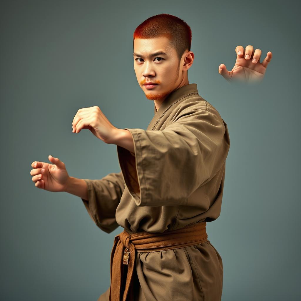 A male warrior monk in an action-packed pose, demonstrating a Muay Thai stance with one leg gracefully raised in a crane pose